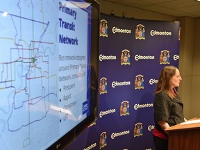Sarah Feldman, director of planning and scheduling speaking about the bus routes part of the Bus Network Redesign, the first major action coming out of the Transit Strategy, at city hall in Edmonton, March 29, 2018.