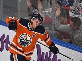 Edmonton Oilers Connor McDavid (97) celebrates scoring on Los Angeles Kings goalie Jonathan Quick during first period NHL action at Rogers Place in Edmonton, March 24, 2018.