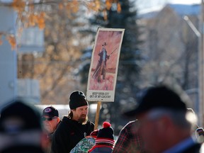 People gather outside the Okotoks Provincial Court Building on Friday, March 9, 2018, to show support for local landowner Edouard Maurice, who is accused of shooting an intruder on his ranch on Feb. 24.