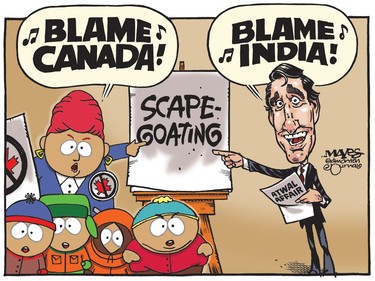 Like Southpark characters, Justin Trudeau scapegoats another country. (Cartoon by Malcolm Mayes)
