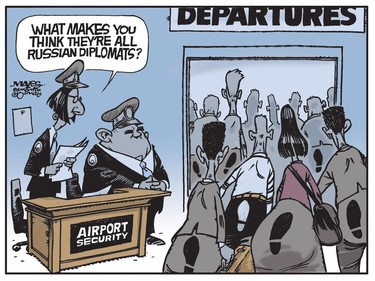 Russian diplomats are kicked out of Western countries. (Cartoon by Malcolm Mayes)