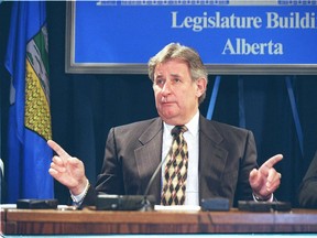 Ralph Klein at an April 2, 1998 press conference, reacting to the Vriend decision. It took a week before Klein said he would not invoke the notwithstanding clause, to thwart the Supreme Court.