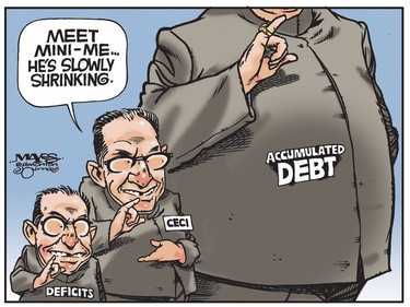 Alberta's Joe Ceci introduces Mini-me deficits and Macro-me debt. (Cartoon by Malcolm Mayes)