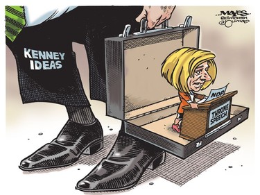 Rachel Notley's NDP throne speech is carried by Jason Kenney's ideas. (Cartoon by Malcolm Mayes)