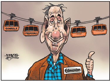 Empty-headed Edmonton looks favorably at gondola proposals. (Cartoon by Malcolm Mayes)