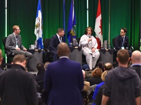 It was a packed house listening to speakers at the forum, from left, Colton Kirsop, city senior planner, Gary Braun, director investigations for the Alberta Gaming and Liquor Commission, Kim Capstick, Alberta Cannabis Secretariat and John Clare, director Alberta Cannabis Secretariat, at the CannabisCon, the first national educational conference and business opportunity forum at the Shaw Conference Centre in Edmonton on Friday, April 13, 2018.