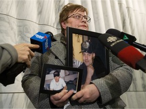 Linda Linton appeals to the public for tips in the beating death of her son Kelly Thompson, at the Edmonton police southwest division station on April 13, 2017. Kelly Thompson, 34, was violently beaten to death by four or five unidentified suspects armed with baseball bats near 137 Street and 115 Avenue on April 14, 2016.