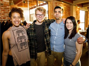 Amelia Altmiks, left, Lucas Burrows, Wamiq Hussain and Brittany Steel pose together during Green Drinks: Farm to Fork at the Yellowhead Brewery in Edmonton on Wednesday, April 4, 2018.