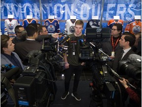 Connor McDavid speaks to the media at Rogers Place following the conclusion of the Edmonton Oilers' 2017/2018 NHL season, in Edmonton Sunday April 8, 2018.