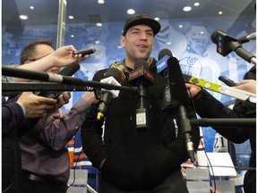 Milan Lucic speaks to the media at Rogers Place following the conclusion of the Edmonton Oilers' 2017/2018 NHL season, in Edmonton Sunday April 8, 2018.