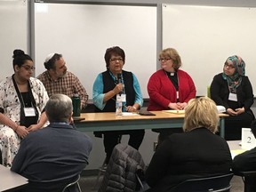 Edmonton Public Schools' Indigenous adviser Veronica Graff, centre, speaks at a panel discussion about religion in public schools at The King's University on Wednesday, April 11, 2018. Left to right are religious studies PhD candidate Salima Versi, Rabbi Kliel Rose, Graff, Anglican Rev. Susan Oliver, and Nakita Valerio of the Alberta Muslim Public Affairs Council.
