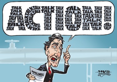 Justin Trudeau's defence of pipelines is all talk and no action. (Cartoon by Malcolm Mayes)