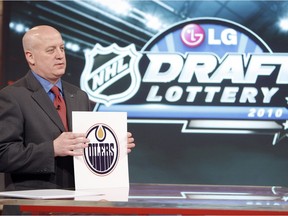 NHL deputy commissioner Bill Daly announces the top pick to the Edmonton Oilers during the NHL Draft Lottery Drawing at the TSN Studio on April 13, 2010 in Toronto.