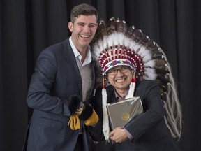 Mayor Don Iveson and Enoch Cree Nation Chief Billy Morin celebrated the relationship between Enoch Cree Nation and the City of Edmonton at Ford Hall in Edmonton on April 7, 2018.
