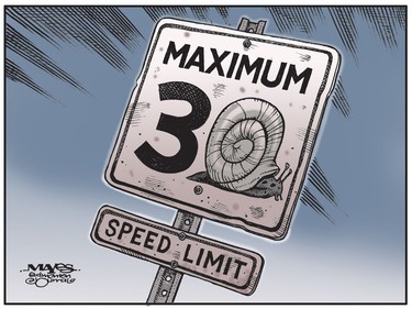 Proposed maximum speed of 30 km/h is a snail's pace. (Cartoon by Malcolm Mayes)