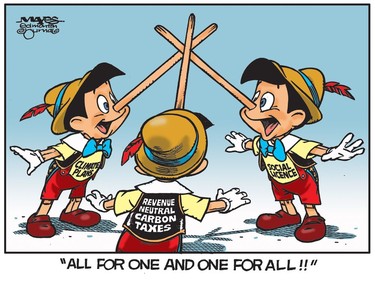 Climate plans, social licence and revenue neutral carbon taxes are united as Pinocchios. (Cartoon by Malcolm Mayes)