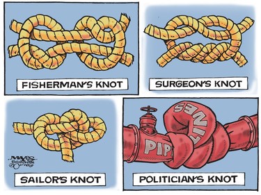 Inept politicians knot up pipelines (Cartoon by Malcolm Mayes)
