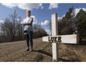 Almost a year ago Kirsten MacNeil's son, Luke, died in a single vehicle accident on Highway 628. Since then MacNeil and the community has called on government to pave the road or make significant changes to prevent another death. Nothing has happened. Taken on Wednesday, April 25, 2018 near Spruce Grove, Alberta.  Greg  Southam / Postmedia For Juris Graney story