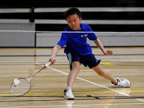 Glenn Gallup competes in the Yonex Alberta Junior Badminton Championships held at Olds College from April 13-15, 2018.  In the provincial badminton tournament, 248 athletes participated in 639 matches over three days of competition.  (Photo by Larry Wong/Postmedia)