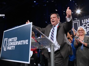 Jason Kenney celebrates after being elected leader of the United Conservative Party. The leadership race winner was announced at the BMO Centre in Calgary on Oct. 28, 2017.