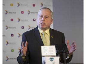 Edmonton Eskimos president and CEO Len Rhodes speaks at a campaign kick-off to celebrate the 50th anniversary of the Cross Cancer on Wednesday, April 25, 2018, in Edmonton.