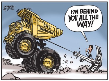 Justin Trudeau claims to be behind the oil industry with Bill C-69. (Cartoon by Malcolm Mayes)
