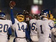 Bev Facey Falcons quarterback Talyn Davies celebrates after defeating the Salisbury Sabres 24-0 during division 1 city high school football final at Clarke Stadium on November 8, 2014 in Edmonton. File photo.