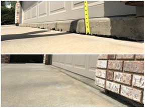 Before and after: this driveway had sunk four inches, causing an irritating bump. Using polyurethane lifting, Concrete Resources Inc. raised it back up.