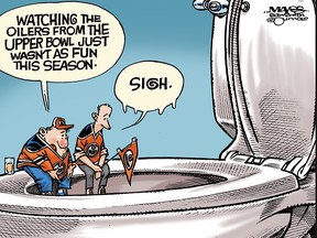 Edmonton Oiler fans ponder disappointing season from upper bowl. (Cartoon by Malcolm Mayes)
