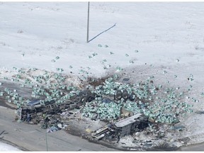 The wreckage of a fatal crash outside of Tisdale, Sask., is seen Saturday, April, 7, 2018. A bus carrying the Humboldt Broncos hockey team was en route to Nipawin for a game Friday night when it collided with a semi, killing 14 and sending over a dozen more to the hospital.