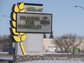 The welcome sign is shown in Humboldt, Sask., Saturday, April 7, 2018. RCMP say 14 people are dead and 14 people were injured Friday after a truck collided with a bus carrying a junior hockey team to a playoff game in northeastern Saskatchewan.