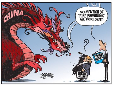 Fire-breathing Chinese dragon objects to Donald Trump and U.S. trade tariffs. (Cartoon by Malcolm Mayes)