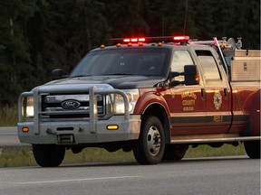 A Parkland County emergency services vehicle responds to a fire.