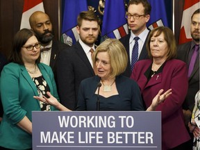 Premier Rachel Notley speaks to the Alberta NDP government's caucus about the spring session of the Alberta Legislature, including about legislation to be introduced to address the Kinder Morgan pipeline dispute with BC, in Edmonton, on Tuesday, April 3, 2018.