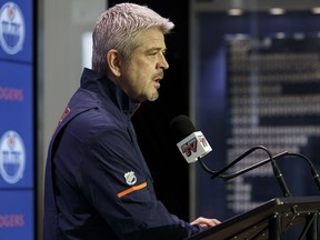 Edmonton Oilers head coach Todd McLellan speaks about the team's 2017-18 season during a year end press conference at Rogers Place on April 9, 2018.