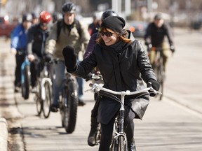 Former New York transportation commissioner Janette Sadik-Khan leads a tour of Edmonton infrastructure with city councillors, media people and members of Paths for People beginning in the Old Strathcona neighbourhood of Edmonton, on April 13, 2018.