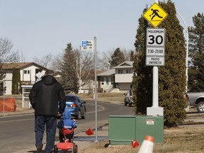 A playground speed zone sign is seen along Kirkness Road near Kirkness School in Edmonton, on Thursday, April 19, 2018.
