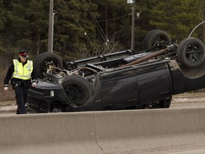 A truck flipped over while travelling on Groat Road Sunday, April 29, 2018. One person was sent to hospital.