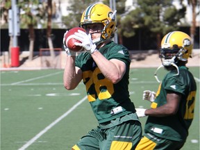 Second-year Edmonton Eskimos defensive back Jordan Hoover takes part in drills during mini-camp at Bill 'Wildcat' Morris Rebel Park on the campus of the University of Nevada-Las Vegas on April 23, 2018.