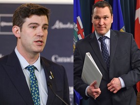 Edmonton mayor Don Iveson (left) and Alberta  Minister of Economic Development and Trade Deron Bilous (right).