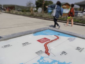 A map of two Koreas showing Panmunjom, the venue for the planned summit between South Korean President Moon Jae-in and North Korean leader Kim Jong Un, is placed at the Imjingak Pavilion in Paju, South Korea, Wednesday, April 25, 2018. South Korean President Moon Jae-in and North Korean leader Kim Jong Un will meet at the southern side of the Panmunjom on Friday, April 27.