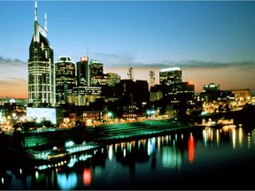 The skyline of Nashville, Tenn., at night.