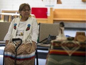 Indigenous elder Taz Bouchier speaks at a memorial at Good Shepherd Anglican Church for Anthony Joseph Raine on Saturday, April 28, 2018 in Edmonton.