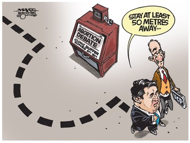 Jason Kenney and UCP create buffer zone around Abortion Debate. (Cartoon by Malcolm Mayes)
