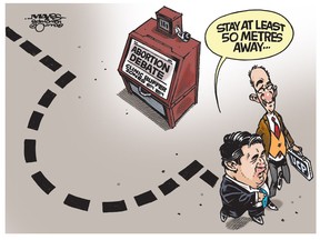 An editorial cartoon by Malcolm Mayes depicts Jason Kenney and the United Conservative Party creating a buffer zone around the abortion debate.