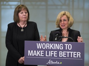 Premier Rachel Notley talks about new legislation giving Alberta the power to control the oil and gas resources that belong to all Albertans as Energy Minister Margaret McCuaig-Boyd listens on Monday, April 16, 2018 in Edmonton. Greg Southam / Postmedia