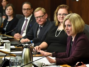 Premier Rachel Notley delivered opening remarks at the cabinet meeting at the Alberta legislature on April 9, 2018.