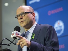 Peter Chiarelli, the Edmonton Oilers President of hockey operations and General Manager, spoke with media at Rogers Place on April 11, 2018 .