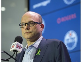 Peter Chiarelli, the Edmonton Oilers President of hockey operations and General Manager, spoke with media at Rogers Place on April 11, 2018.