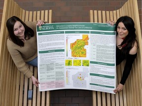 Janna Bradshaw, left, and Stephanie Kovach looked at what makes a neighbourhood livable for millennials in Edmonton. The University of Alberta students are presenting their findings at Edmonton City Hall on Tuesday, April 10, 2018.